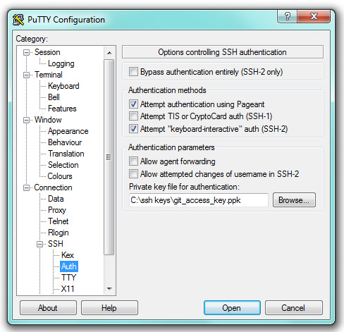 The PuTTY SSH Auth panel